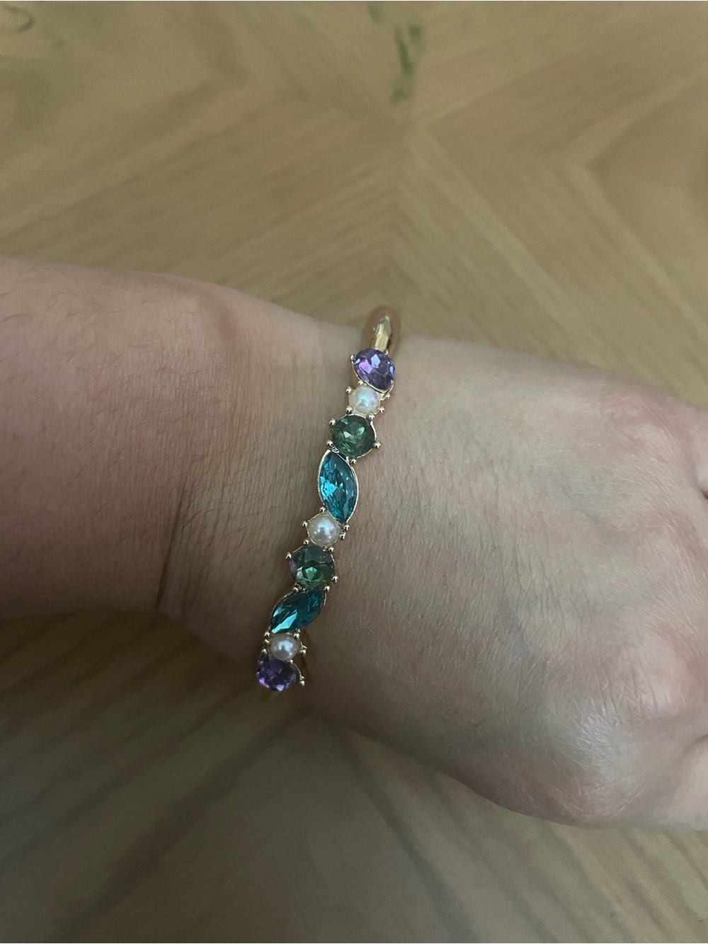 Anne Klein Gold-Tone Bracelet with Teal, Green, Purple & Pearl Accents - Picture 7 of 7